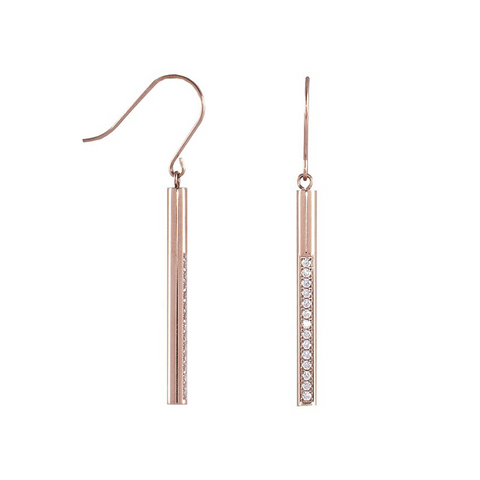 ER318RG B.Tiff Pave 14-Stone Dangling Rose Gold Plated Stainless Steel Bar Earrings