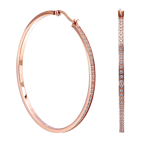 ER322RG B.Tiff Pave 146-Stone Big Rose Gold Plated Stainless Steel Hoop Earrings