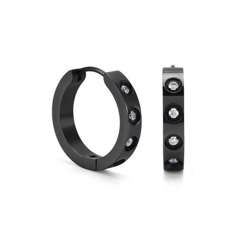 ER408B B.Tiff Pavé 16-Stone Black Anodized Stainless Steel Hoop Earrings