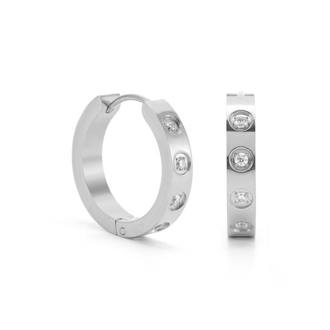 ER408W B.Tiff Pavé 16-Stone Stainless Steel Hoop Earrings