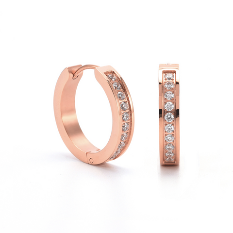 ER433RG B.Tiff Pave 20-Stone Rose Gold Plated Stainless Steel Hoop Earrings