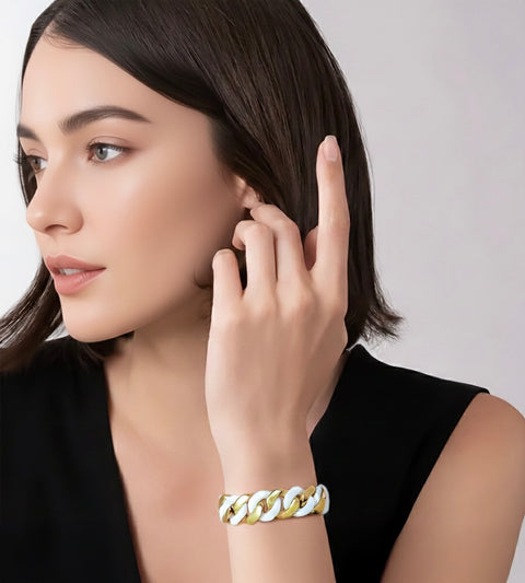 BG160GW B.Tiff 18K Gold Plated & White Ceramic Flat Cuban Link Bracelet