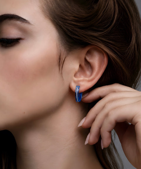 ER411BL B.Tiff Pave 34-Stone Blue Sapphire Stainless Steel Hoop Earrings