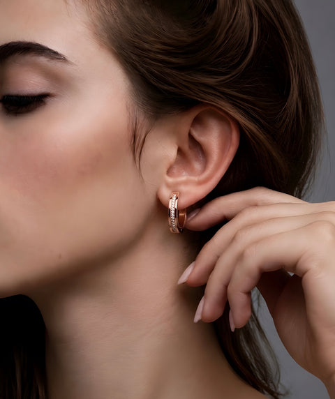 ER411RG B.Tiff Pave 34-Stone Rose Gold Plated Stainless Steel Hoop Earrings