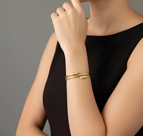 BG003G B.Tiff Double Wrapped Gold Plated Stainless Steel Cable Bangle Bracelet
