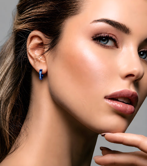 ER305BL B.Tiff 10-Stone Pave Blue Plated Stainless Steel Hoop Earrings
