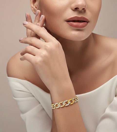 BG101G B.Tiff Pavé High Polish Flat Angular Cuban Link Gold Plated Stainless Steel Bracelet