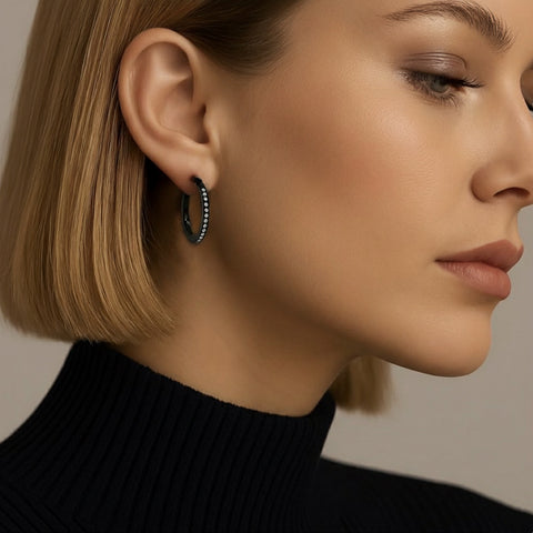 ER310B B.Tiff Pavé 28-Stone Classic Black Anodized Titanium Stainless Steel Small Hoop Earrings