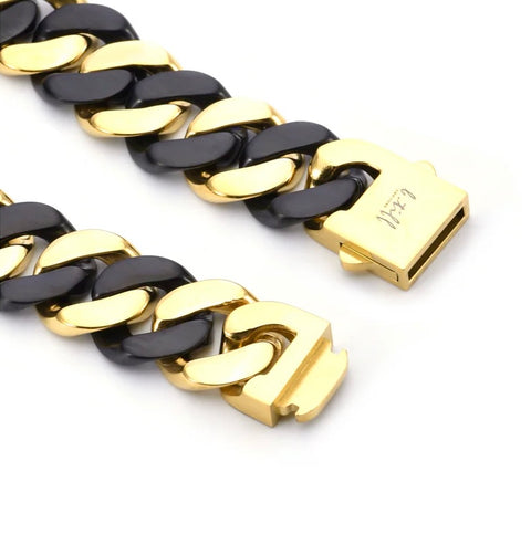 BG160BG B.Tiff Black Anodized & Gold Plated Flat Cuban Link Stainless Steel Bracelet