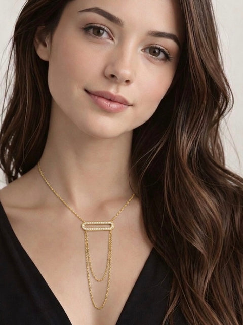 PT630G B.Tiff Pave Double Chain Oblong Gold Plated Stainless Steel Pendant Necklace