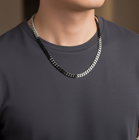 C138BW B.Tiff 8mm 2 Tone Matte Black Anodized & High Polish Stainless Steel Flat Cuban Link Necklace