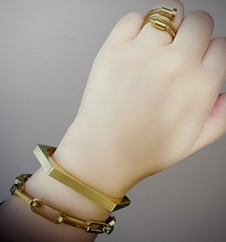 BG007G B.Tiff Plain Gold Plated Stainless Steel Edge Hexagon Bangle Bracelet