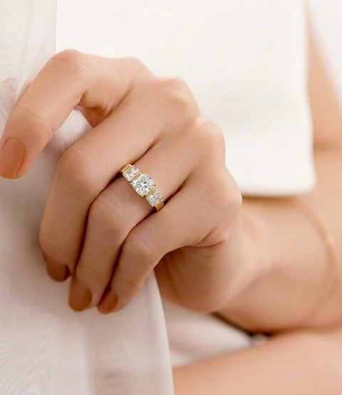 RG203G B.Tiff 3-Stone Cushion Cut 18K Gold Plated Stainless Steel Engagement Ring