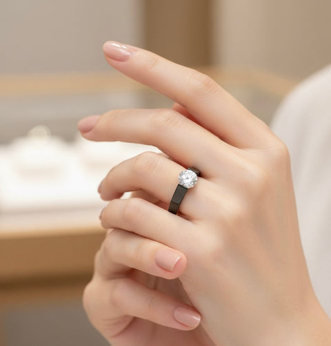 RG096B B.Tiff .75 ct Black Anodized Stainless Steel Round Solitaire Engagement Ring