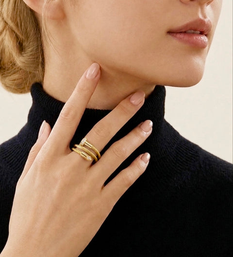RG115G B.Tiff Pavé Pointe Cable Gold Plated Stainless Steel Adjustable Ring