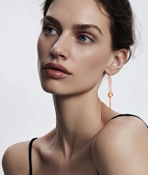 ER228RG B.Tiff Thread Dangling Circle Rose Gold Plated Stainless Steel Pave Earrings