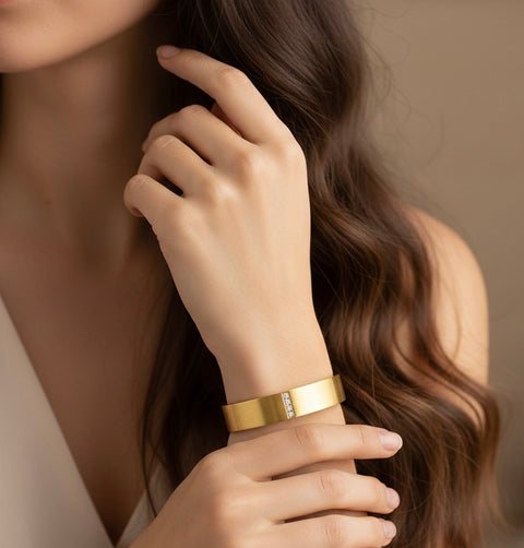 BG223G B.Tiff 4-Stone Wide Gold Plated Stainless Steel Pavé Bangle Bracelet