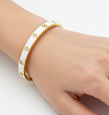 BG808EWG B.Tiff 8-Stone Bold White Enameled Gold Plated Stainless Steel Bangle Bracelet