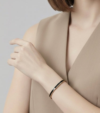 BG301GB B.Tiff "The Hamptons" Black Enamel Gold Plated Stainless Steel Bangle Bracelet