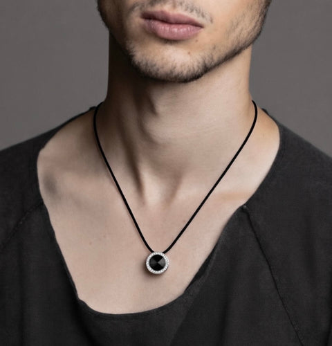 PT800WB B.Tiff Black Enamel Pavé 30-Stone Halo Stainless Steel Pendant
