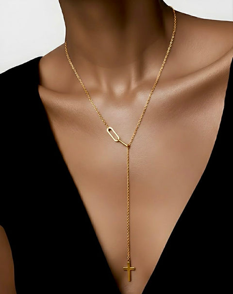 PT097G B.Tiff Adjustable Gold Cross Lariat Chain Necklace with Paperclip Links