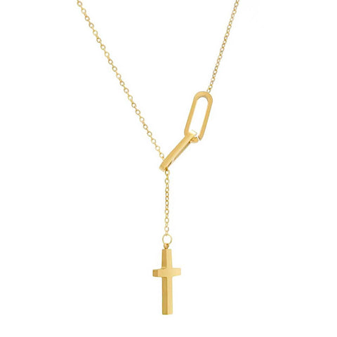 PT097G B.Tiff Adjustable Gold Cross Lariat Chain Necklace with Paperclip Links