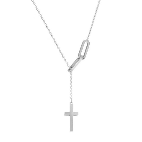 PT097W B.Tiff Adjustable Cross Lariat Chain Necklace with Paperclip Links