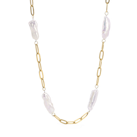 PT280G B.Tiff Freshwater Pearl Interlaced Gold Plated Stainless Steel Oval Link Mask Chain Necklace