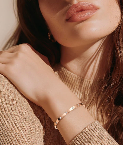 BG308RG B.Tiff 8-Stone Matte Rose Gold Plated Stainless Steel Star Bangle Bracelet