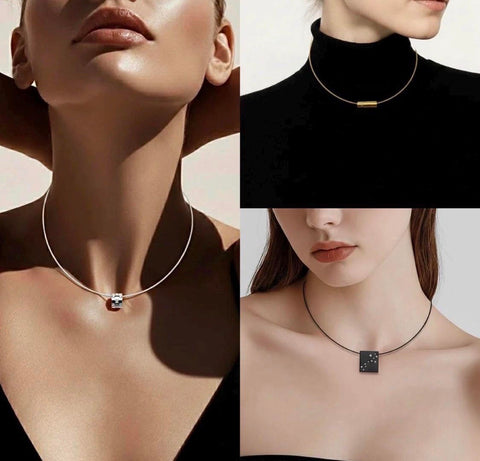 C015G Gold Structured Wire Choker Chain Necklace/ 1.2mm (An exclusive clasp design)