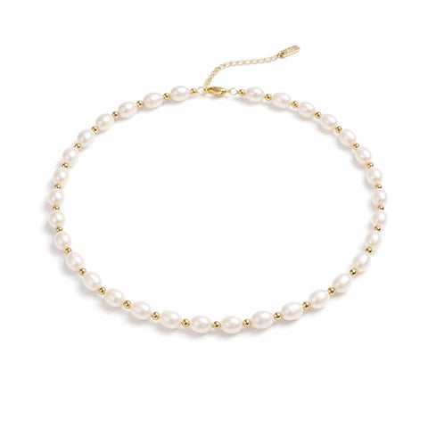 PT801G B.Tiff Gold Plated Stainless Steel Beads Interlaced Freshwater Pearl Necklace