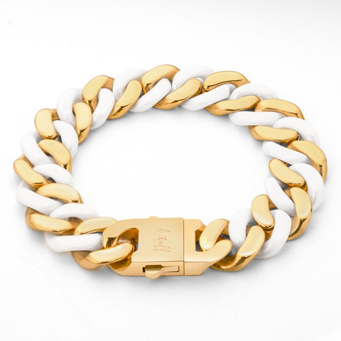 BG160GW B.Tiff 18K Gold Plated & White Ceramic Flat Cuban Link Bracelet