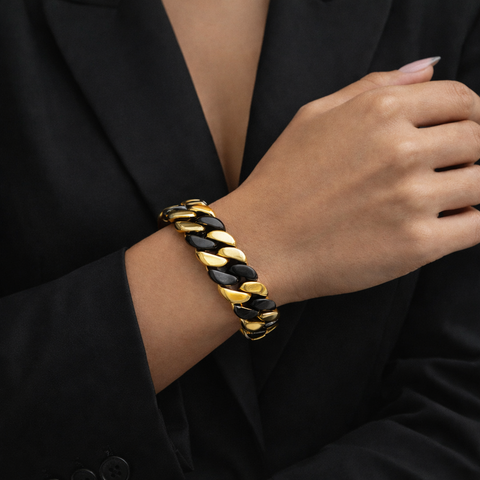 BG160BG B.Tiff Black Anodized & Gold Plated Flat Cuban Link Stainless Steel Bracelet