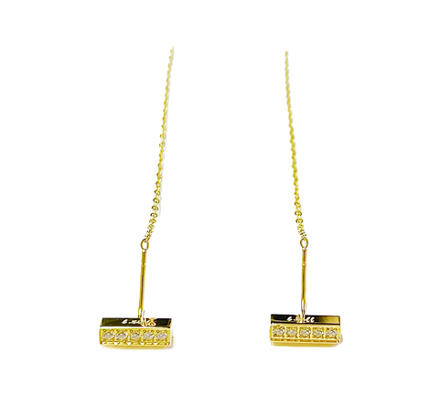 ER004G B.Tiff Thread Dangling Pave Short Bar Gold Plated Stainless Steel Earrings