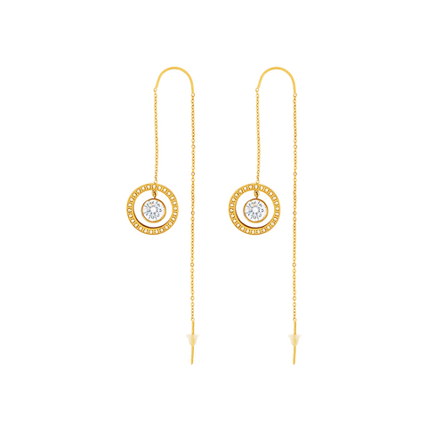 ER215G B.Tiff Thread Dangling Pave Circle 1 ct Solitaire Gold Plated Stainless Steel Earrings