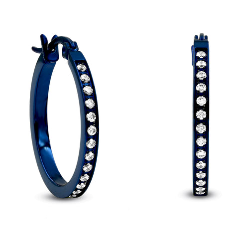 ER310BL B.Tiff Pave 28-Stone Classic Blue Sapphire Stainless Steel Small Hoop Earrings