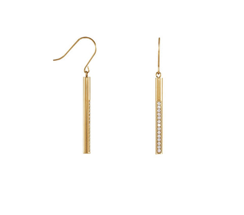 ER318G B.Tiff Pave 14-Stone Dangling Gold Plated Stainless Steel Bar Earrings