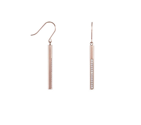 ER318RG B.Tiff Pave 14-Stone Dangling Rose Gold Plated Stainless Steel Bar Earrings
