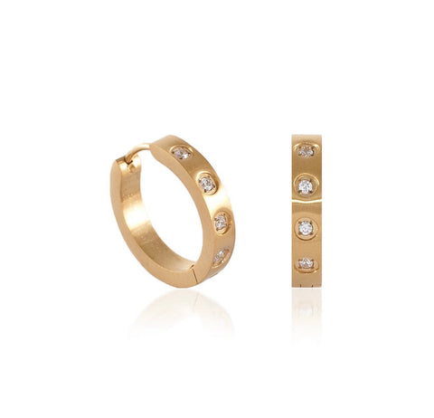ER408G B.Tiff Pave 8-Stone Gold Plated Stainless Steel Hoop Earrings