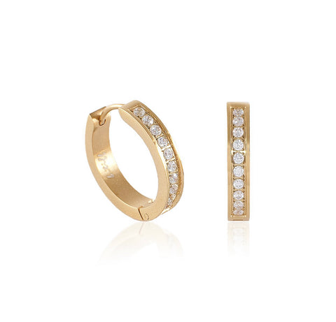 ER433G B.Tiff Pave 20-Stone Gold Plated Stainless Steel Hoop Earrings