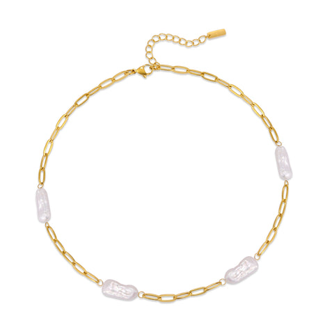 PT160G B.Tiff Freshwater Pearl Interlaced Gold Plated Stainless Steel Oval Link Chain Necklace