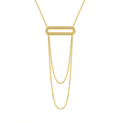 PT630G B.Tiff Pave Double Chain Oblong Gold Plated Stainless Steel Pendant Necklace