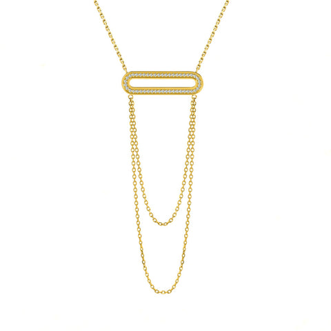 PT630W B.Tiff Pave Double Chain Oblong Stainless Steel Pendant Necklace