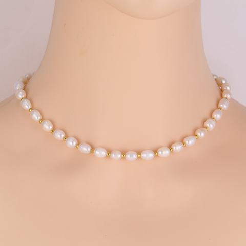 PT801G B.Tiff Gold Plated Stainless Steel Beads Interlaced Freshwater Pearl Necklace