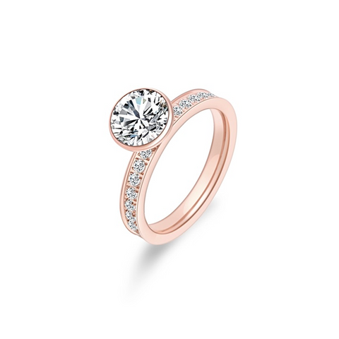 RG112RG B.Tiff 2 ct Rose Gold Plated Stainless Steel Eternity Classic Solitaire Pave Engagement Ring