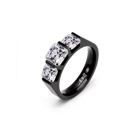 RG203B B.Tiff 3-Stone Cushion Cut Black Anodized Stainless Steel Engagement Ring
